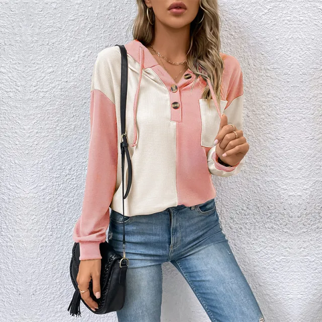 Contrast Color Hooded Women's Sweater Spring And Autumn Pink - Shop at LoveMi