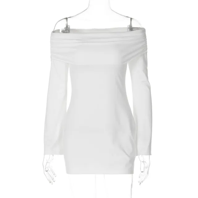 Women's Autumn And Winter Boat Collar Off the shoulder Long Sleeve Pure Color Tight Hip Dress White - Shop at LoveMi