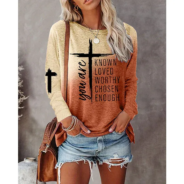 Gradient Text Printing Long Sleeve Round Neck Top Orange - Shop at LoveMi