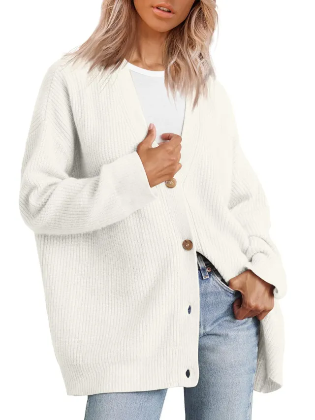 European And American Style Simple All match Knitted Button V neck Solid Color Sweater White - Shop at LoveMi
