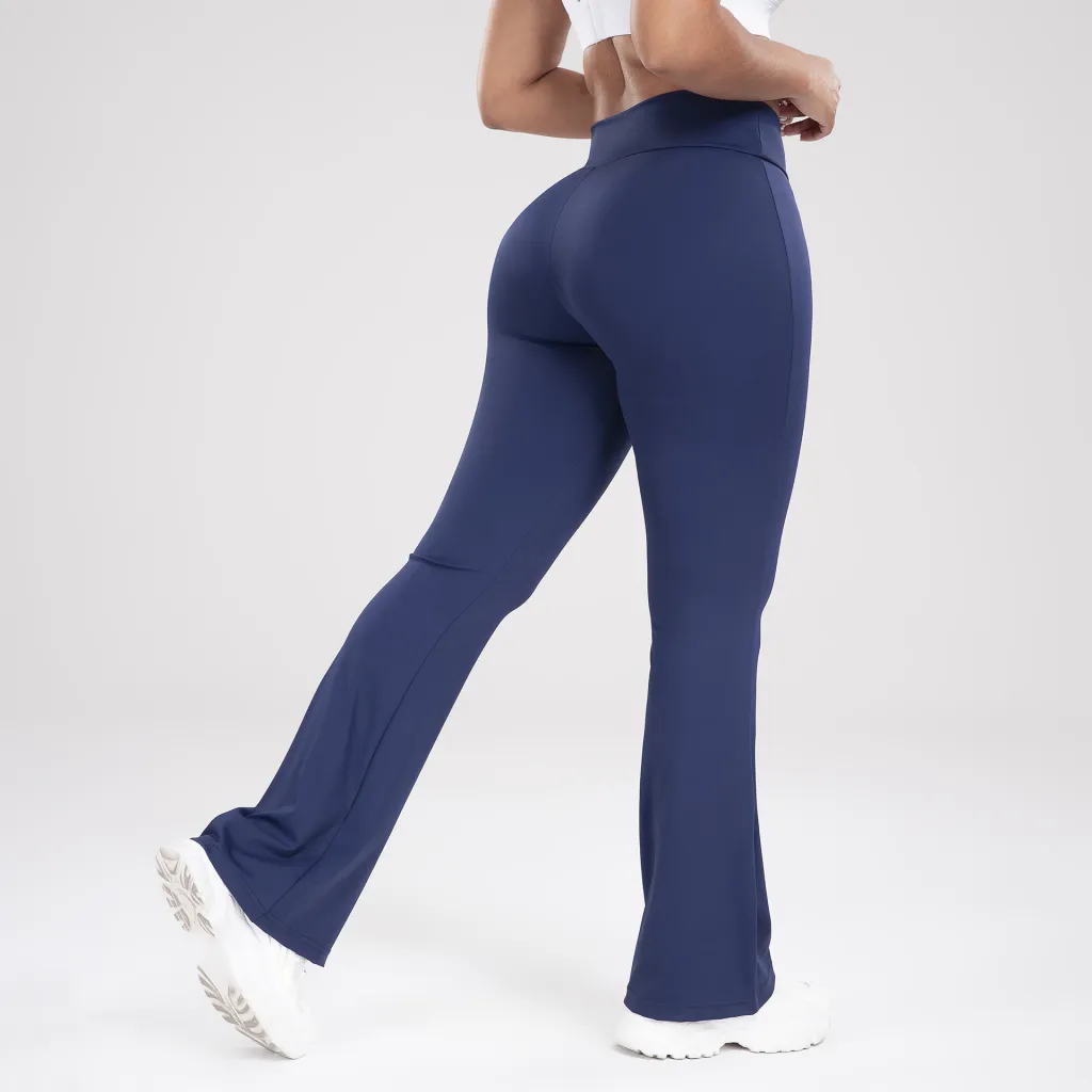 Cross Waist Side Pocket Leisure Sports Bell-bottom Pants Slim Fit Yoga Pants Women - Navy