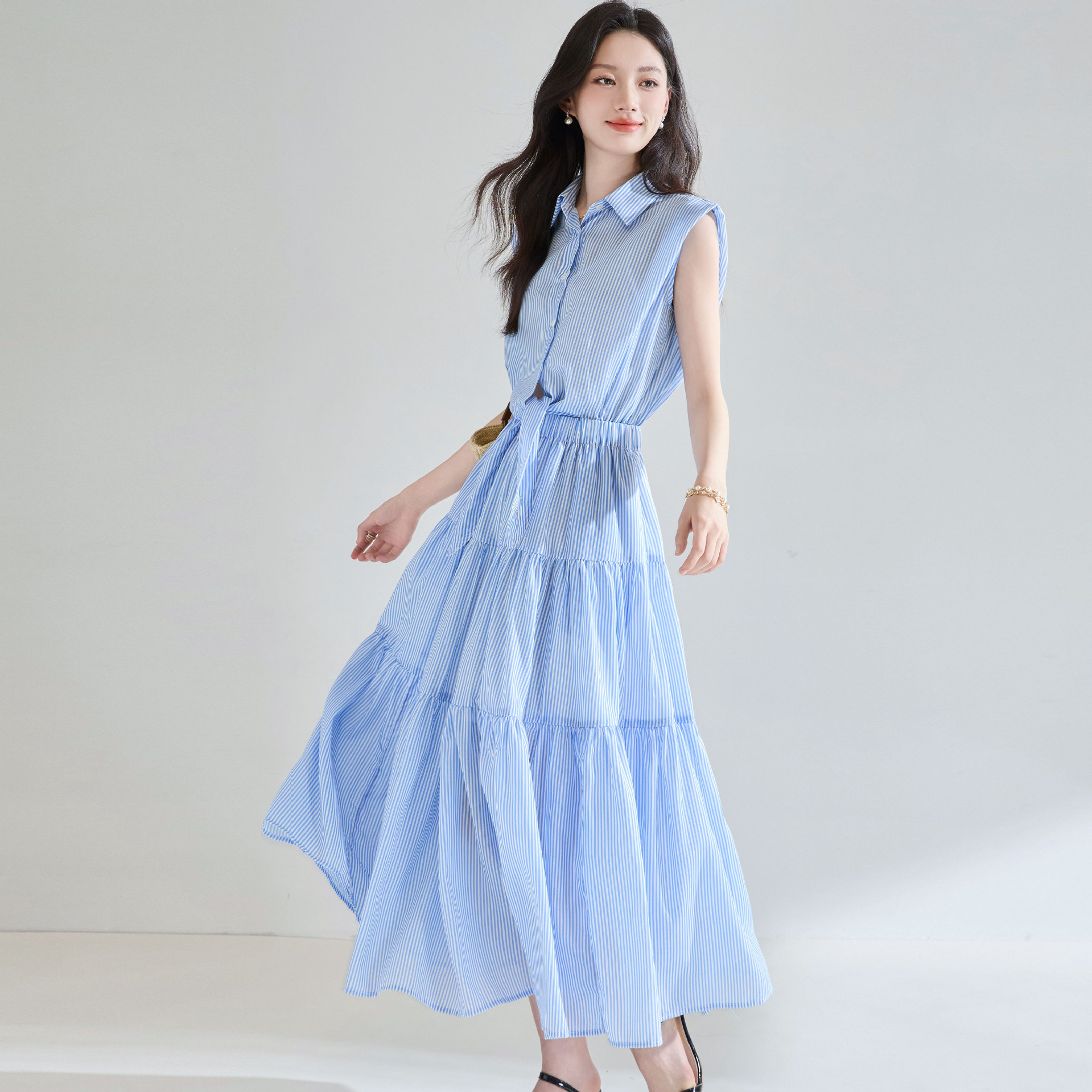Blue And White Striped Lace-up Waist-tight Three-dimensional Wide Shoulder Fake Two Pieces Shirts Dress