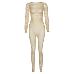 Summer Women's Mesh See-through Hollow High Waist Tight Jumpsuit - Brown - View 1
