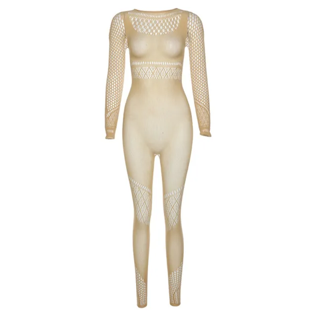 Summer Women's Mesh See through Hollow High Waist Tight Jumpsuit Brown - Shop at LoveMi