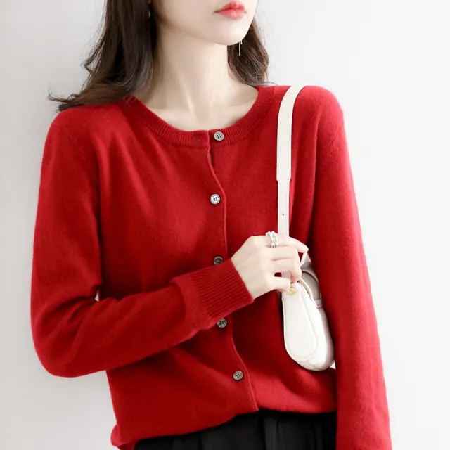 Women's Solid Color Loose Round Neck Knitted Sweater Coat Red - Shop at LoveMi