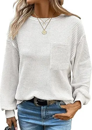 Women's Waffle Knit Top Long Sleeve Crew Neck Casual - White