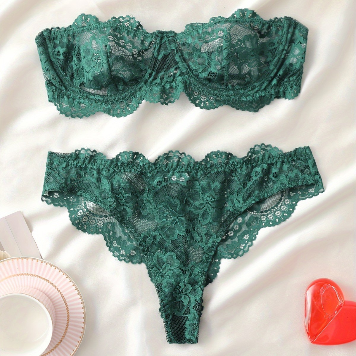 Lingerie French Women Sexy Green Hollow Bandeau Panties See Through