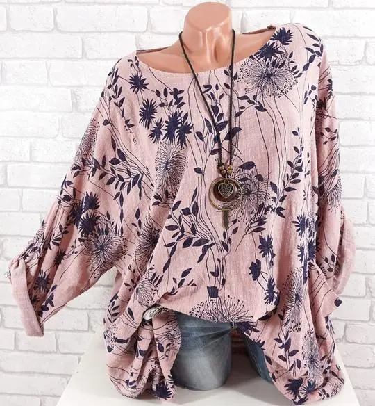 Spring And Autumn New European And American Plus Size Women's Clothes Scoop Small Leaf Printed Cotton And Linen T shirt Pink - Shop at LoveMi