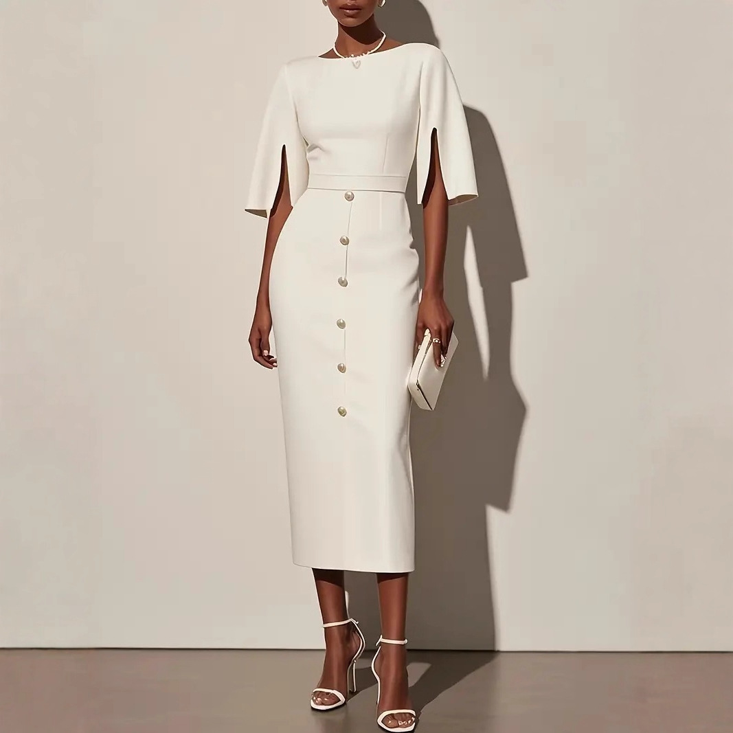 Summer Solid-Color Crew-Neck Defined-Waist Dress With Slit And Buttons