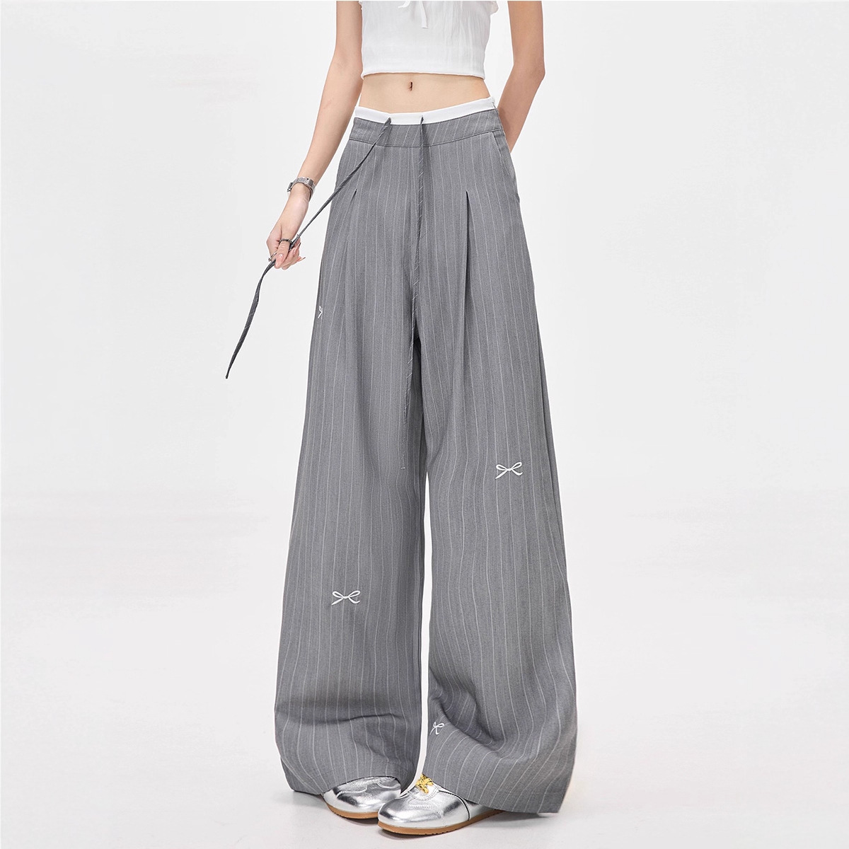 New Faux Two-piece Gray Womens Suit With Embroidered Stripes And Wide-leg Loose-fit… — image 1