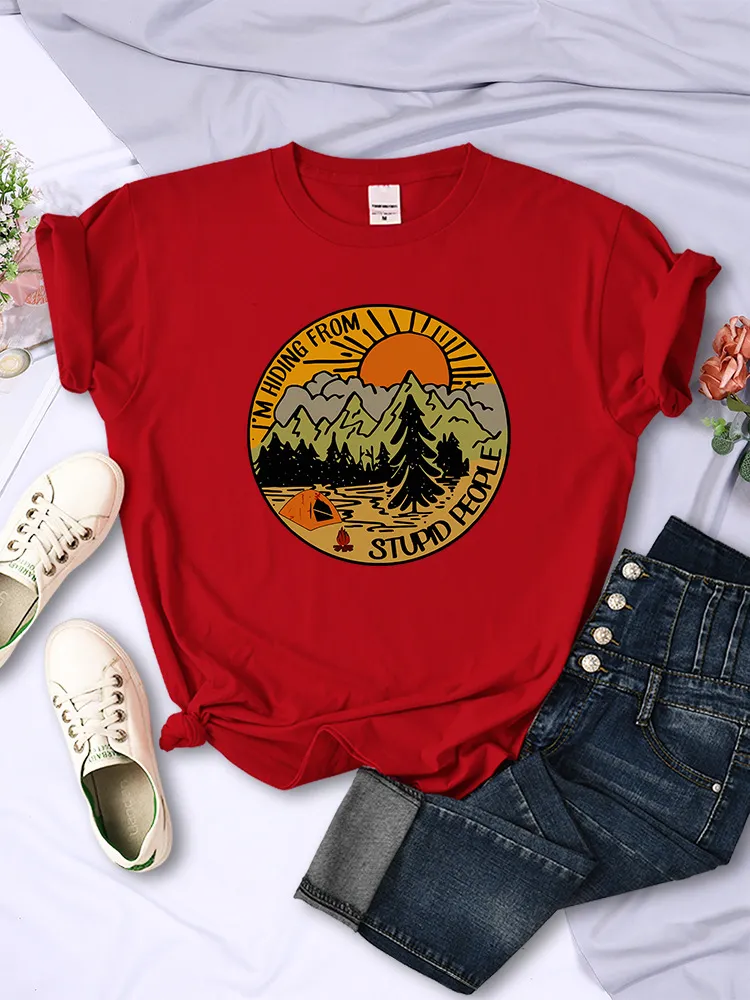 I'm Hiding From Stupid People Camping Scenery Women's Tops Hip-hop Fashion Street - Red