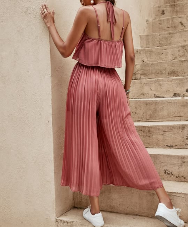 Women's Solid Color Pleated Camisole Wide Leg Trousers Casual Suit
