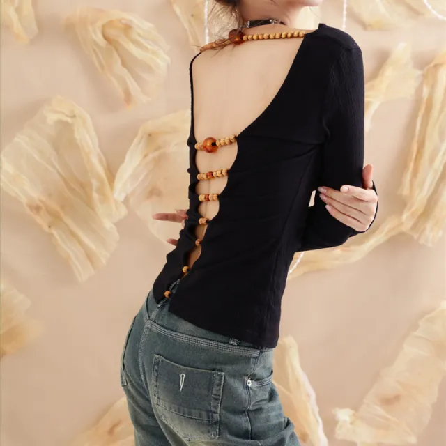 Zen Wooden Bead Deconstruction Slim fitting Simple Top Black - Shop at LoveMi