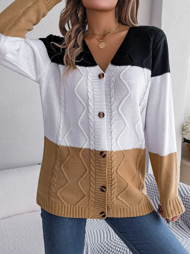 Casual Contrast Color Button Long Sleeve Sweater Khaki - Shop at LoveMi