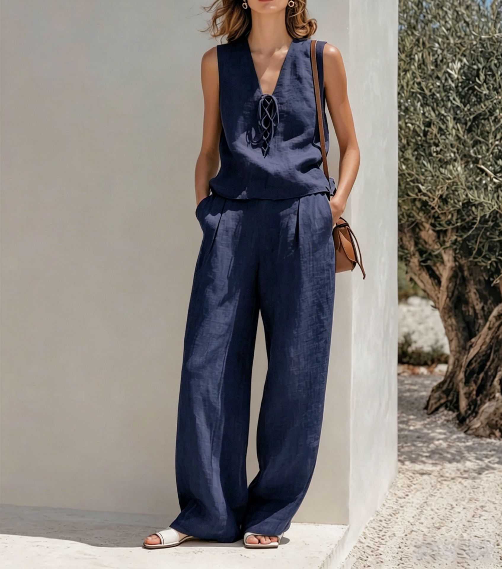 Linen Lace-Up Sleeveless Top & Wide-Leg Pants Set