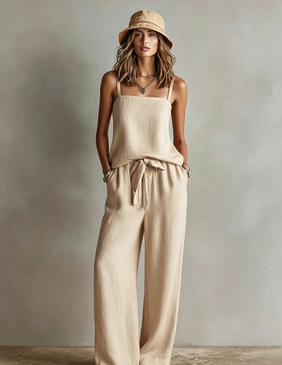 Women's cami top and wide-leg pants set in dark blue – casual chic two-piece