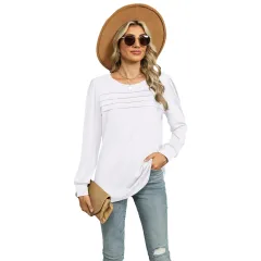 Solid Colour U-neck Pleated Long-sleeved T-shirt Top For Women - White - View 1