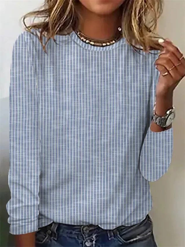 Loose Solid Color Striped Round Neck T shirt For Women Royal Blue - Shop at LoveMi