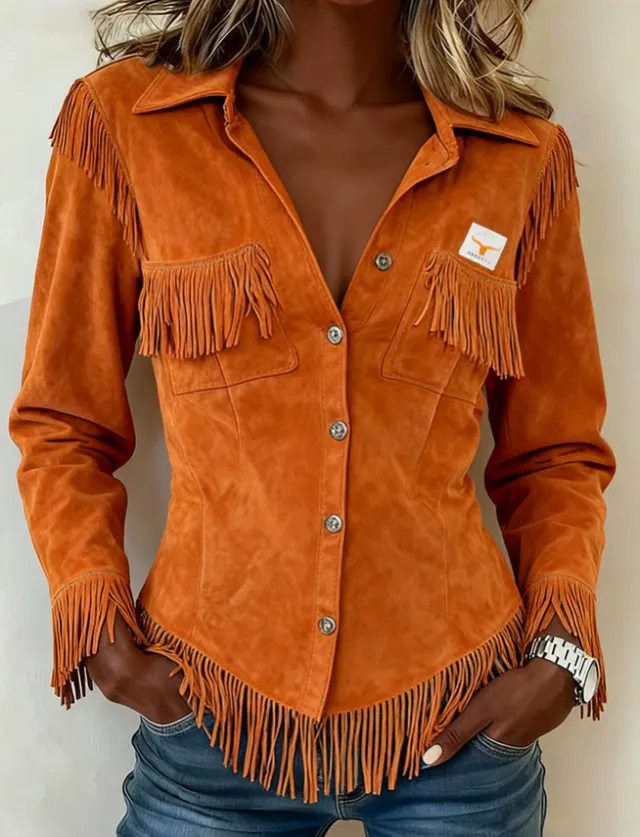 Brown European And American style Suede velvet Cardigan With Tassels And Long Sleeves Red - Shop at LoveMi