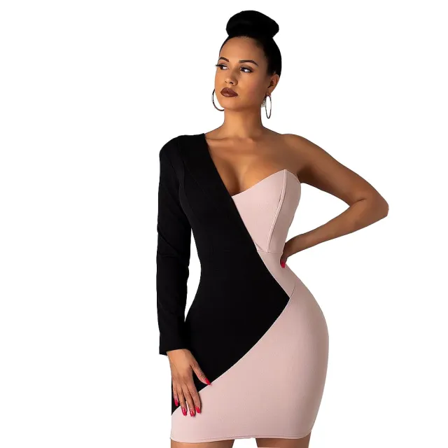 Stitching Contrast Color Asymmetric Long Sleeve Slim Fit Sexy Dress 1 Black And Pink Together - Shop at LoveMi