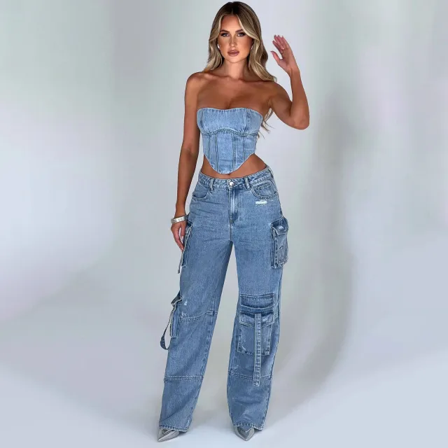 Women's Suit Low Waist Three dimensional Tube Top And Pocket Stitching Jeans Pants Blue - Shop at LoveMi