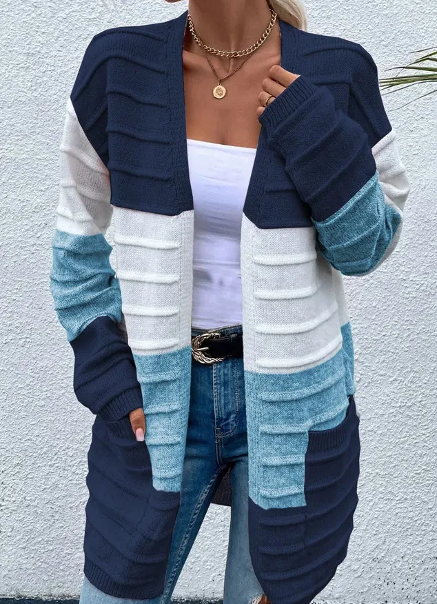 Sweater Women's Fashion Jacket With Big Pockets Autumn And Winter Long Striped Color Matching Cardigan Blue And White - Shop at LoveMi