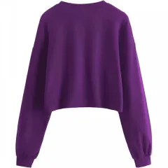 Women's Autumn And Winter New Solid Color With Fur Loose O-neck Short Sweater - Purple - View 1