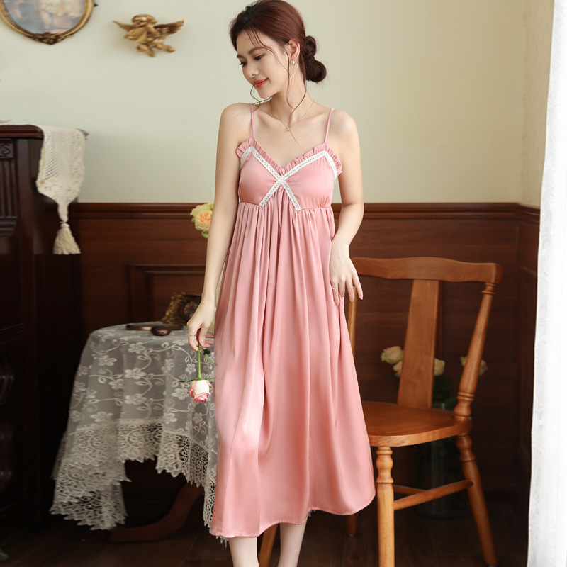 French style Long Nightgown With Built in Chest Pads Perfect For Wearing Outside Pink - Shop at LoveMi