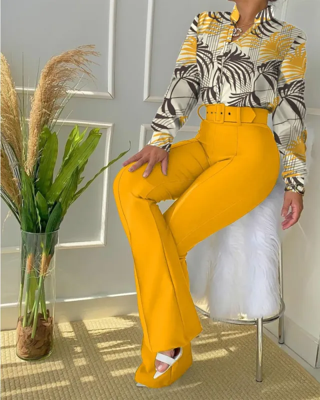 New Casual Fashion Set Women's Clothing Belted Yellow - Shop at LoveMi