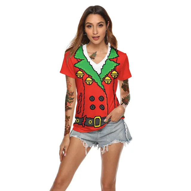 Women's Christmas Digital Printed V neck T shirt Sb136 010 - Shop at LoveMi