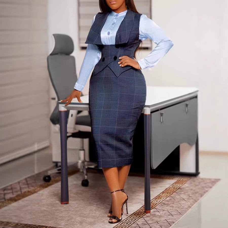 Sexy Buttoned Plaid Pencil Skirt And Bodycon Skirt Set