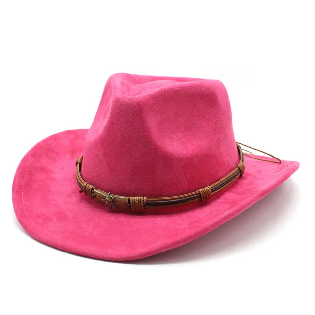 Suede Curling Western Cowboy Hat Ethnic Style Top Hat Rose Red Suede - Shop at LoveMi