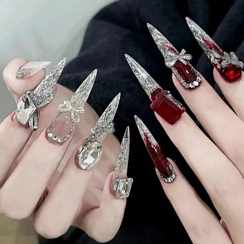 Handmade Light Luxury High-grade Pure Want Ice Transparent Full Diamond Manicure - Ice Fire Glass