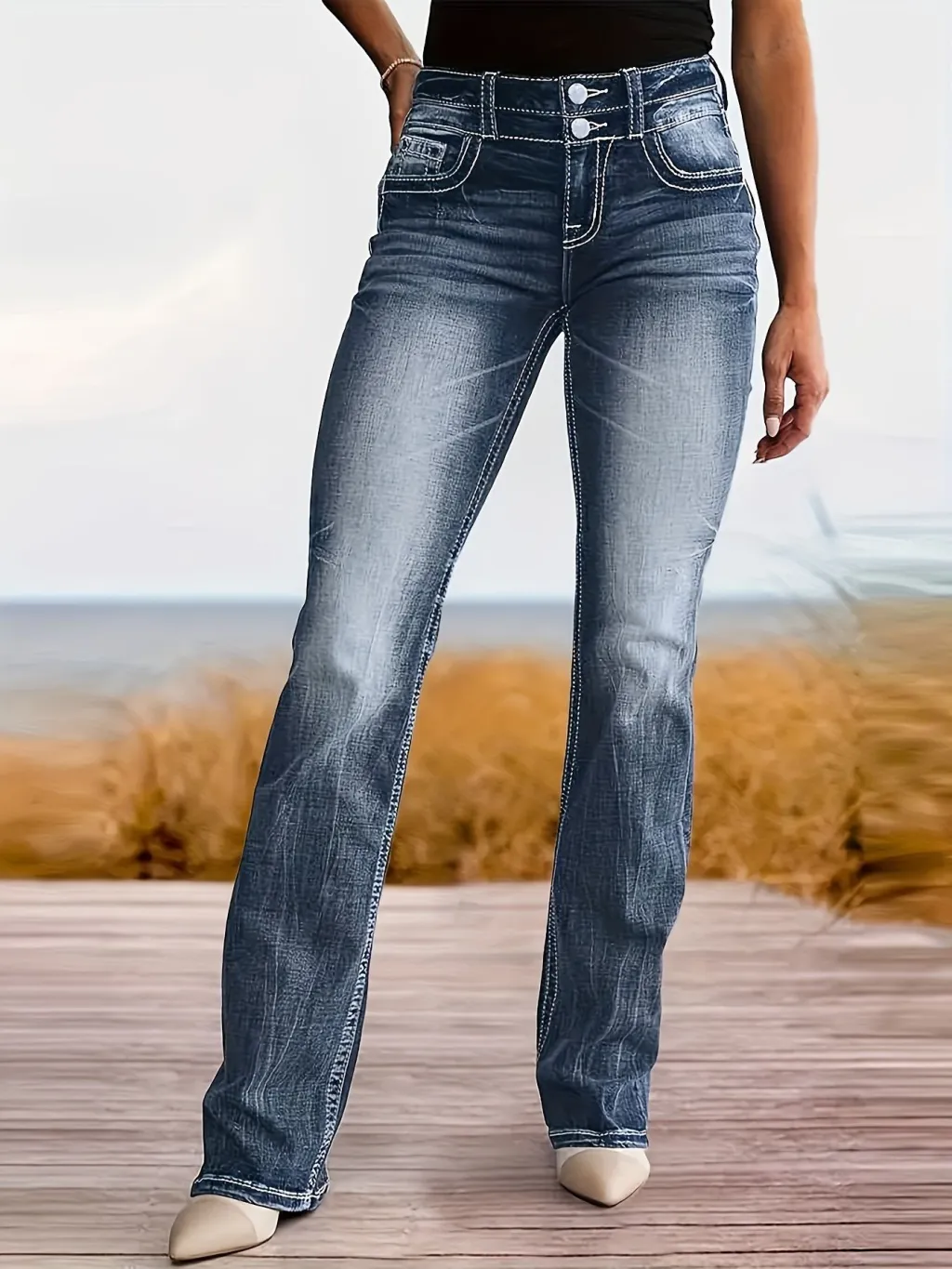 Women's Jeans High Waist Straight Slim Fit Slimming Versatile - Dark Blue