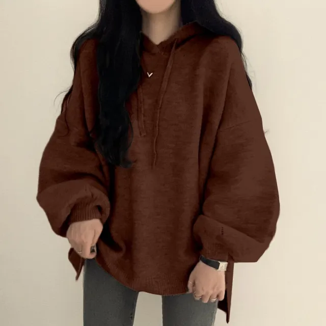 Korean style Relaxed fit Knitted Hoodie With A Laid back Vibe And Puffed Sleeves Brown - Shop at LoveMi