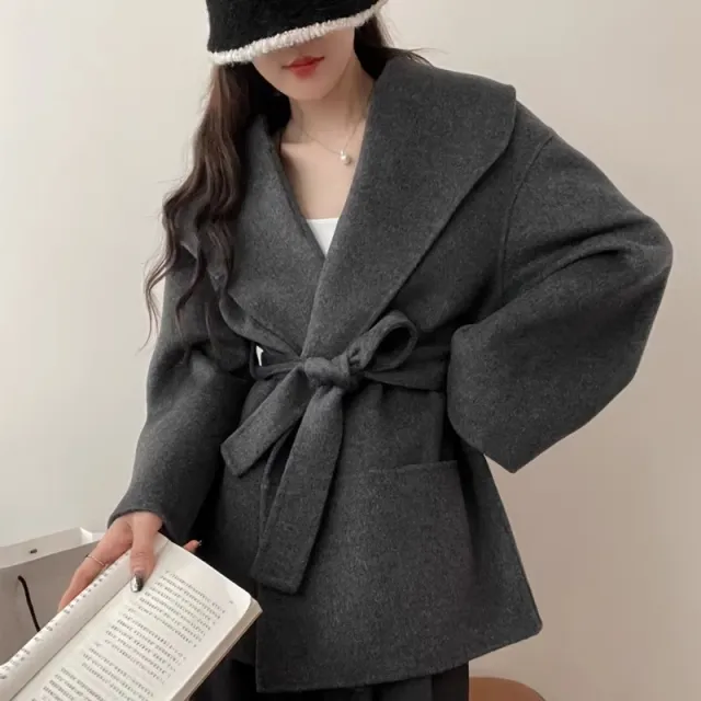 Autumn And Winter Double faced Woolen Goods Cashmere Coat Small sized Woolen Coat Charcoal Black - Shop at LoveMi