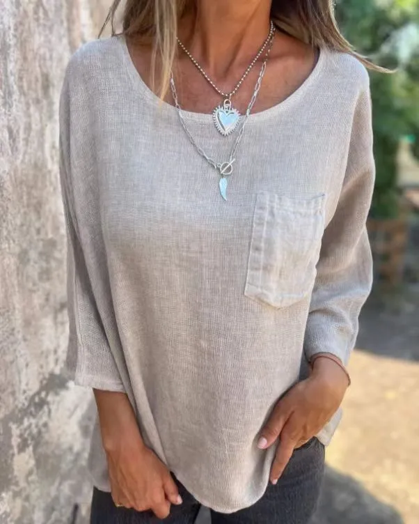 Round Neck Pullover Bat Three-quarter-length-sleeved T-shirt Pocket Color Matching - Khaki