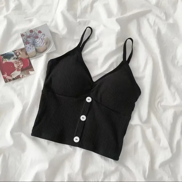 Button Solid Color Camisole Cotton Vest Girl Black - Shop at LoveMi