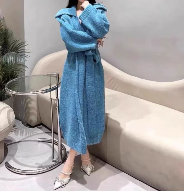 Autumn And Winter Mohair Knitted Coat For Women Blue - Shop at LoveMi