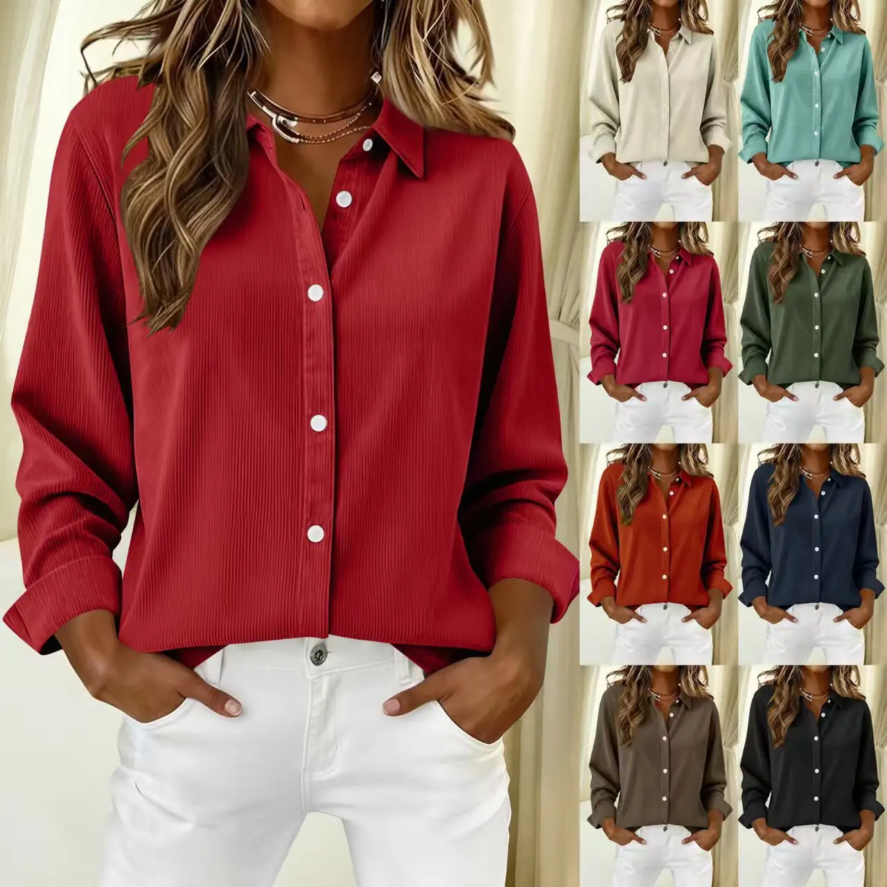 Loose-fit Casual Solid-color Corduroy Womens Shirt Jacket