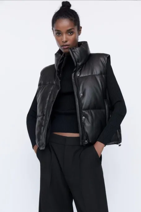 Polyester Cotton-padded Jacket Vest Sleeveless Stand Collar Vest Top - Black