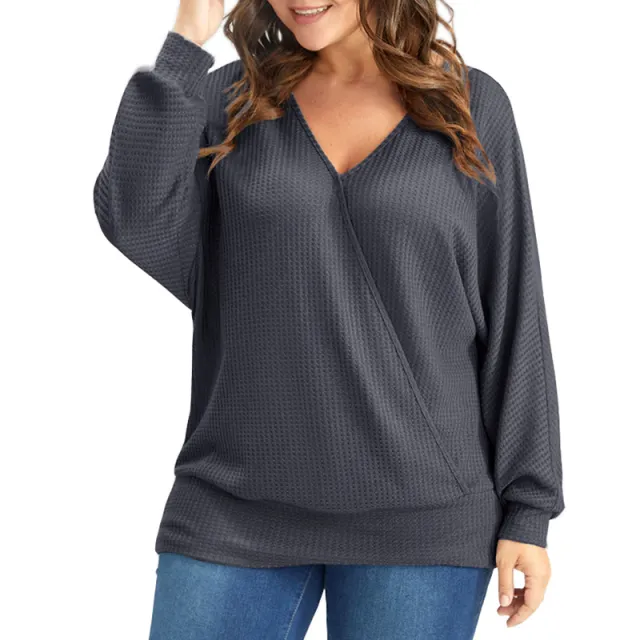 Plus Size Women's Bottoming Shirt Long Sleeve V neck Loose Top Gray - Shop at LoveMi