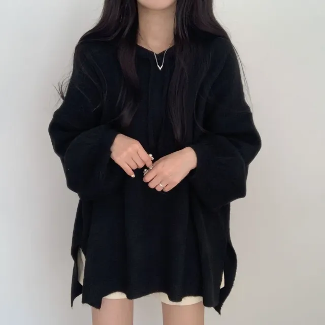 Korean style Relaxed fit Knitted Hoodie With A Laid back Vibe And Puffed Sleeves Black - Shop at LoveMi