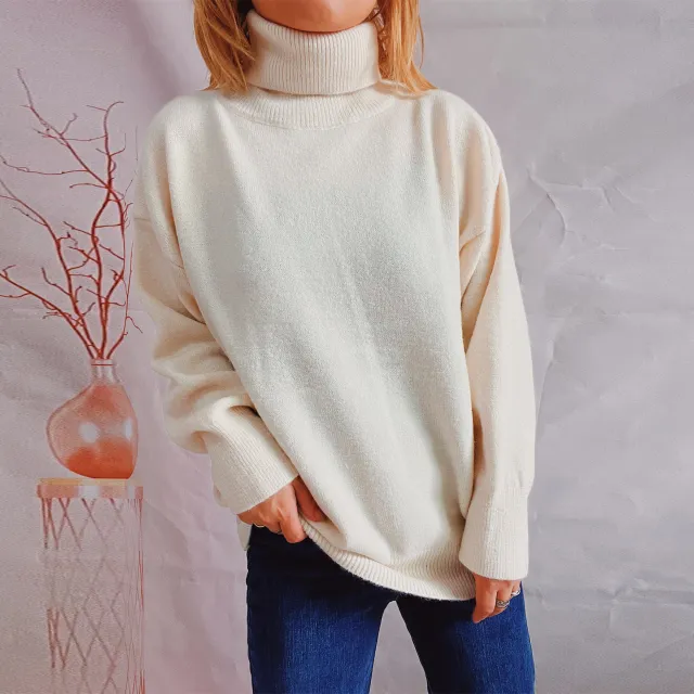 Top Solid Color Turtleneck Long Sleeve Sweaters Pullover Women Beige - Shop at LoveMi