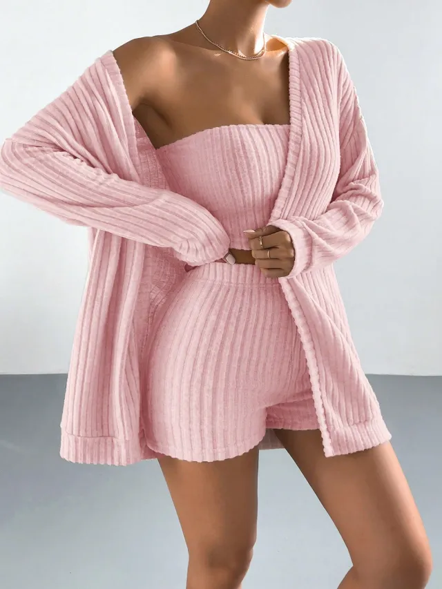 Brushed Striped Women's Pajama Three piece Set Pink - Shop at LoveMi