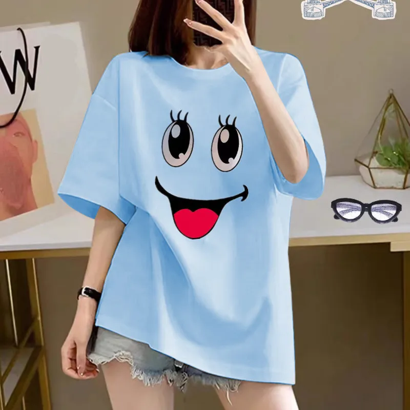 Women's Cotton Creative Cartoon Printed Short Sleeve - Light Blue 0250