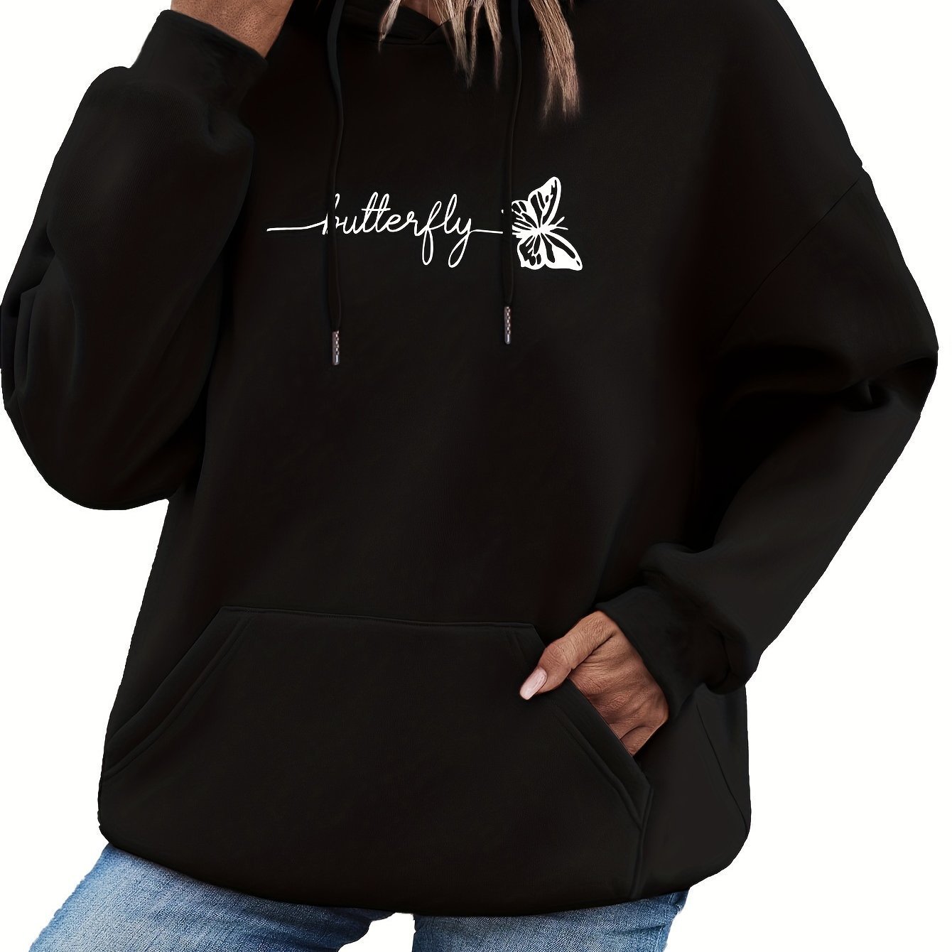 Womens Casual Hoodie With Drawstring And Butterfly Print