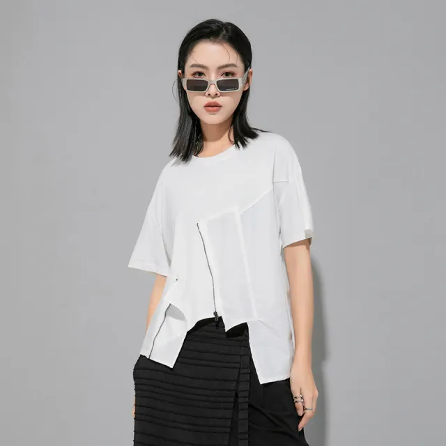 Street Stitching Half Sleeve Irregular Solid Color Short Sleeve T shirt White - Shop at LoveMi