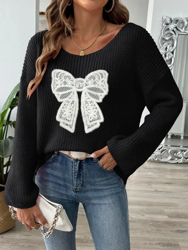 Bow Embroidery Patch Women's Pullover Black Bow - Shop at LoveMi