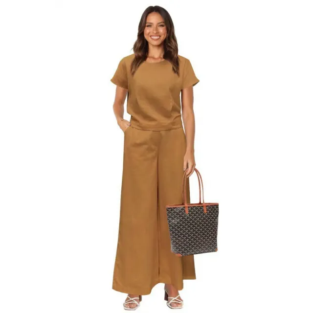 Women's Fashion Solid Color Large Size Loose Short sleeved Trousers Two piece Set Brown - Shop at LoveMi